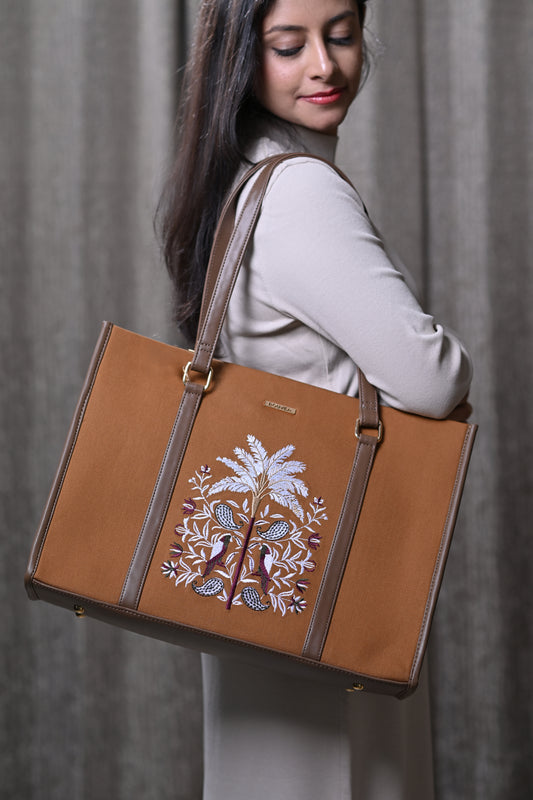 Palmora - Khaki Embroidered Laptop Tote