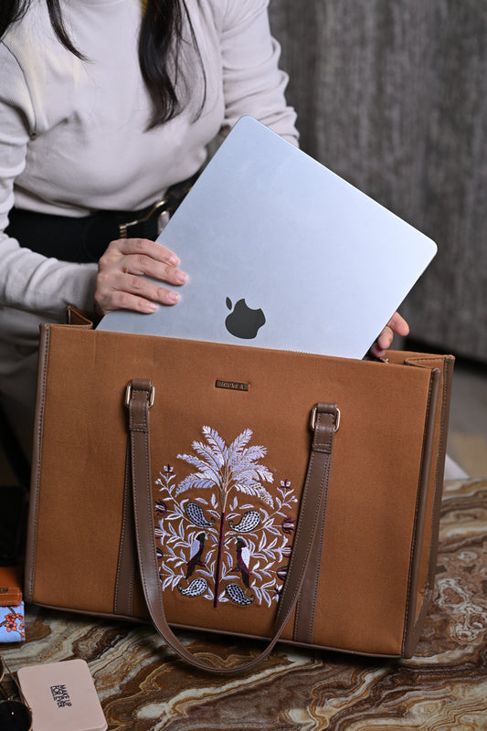 Palmora - Khaki Embroidered Laptop Tote